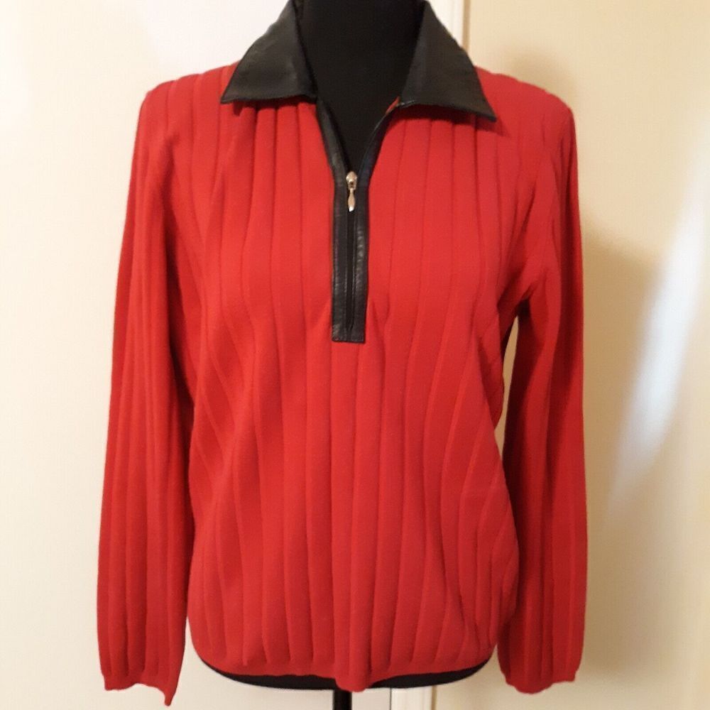 Dolce & Fabuloso Silk Blend Knit Sweater Faux Leather Collar 1/4 Zipper Large